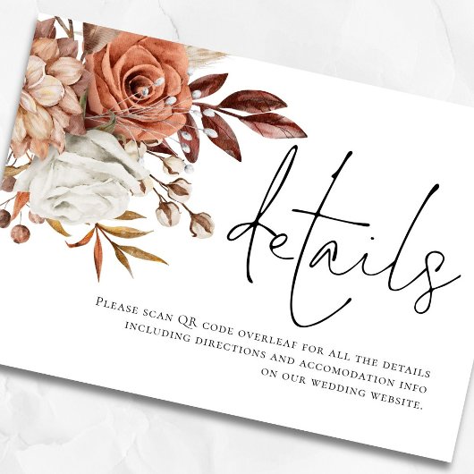 Rust Florals Script QR Code Wedding Details Begleitkarte