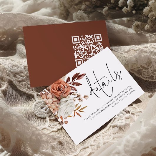 Rust Florals Script QR Code Wedding Details Begleitkarte