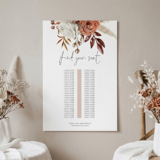 Rust Florals Single Table Wedding Seating Chart Poster