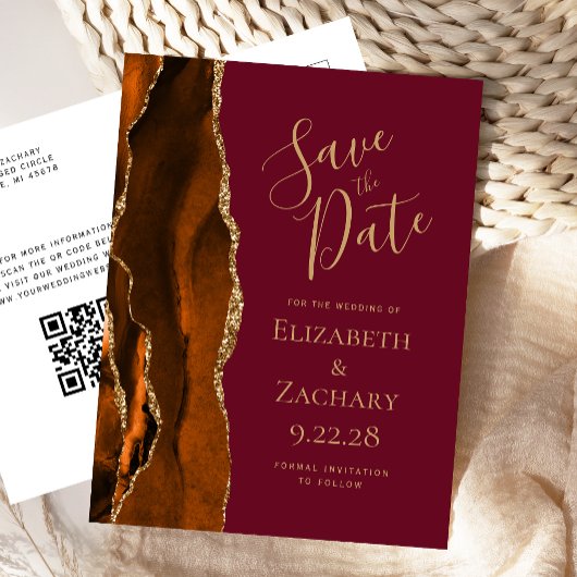 Rust Gold Agate Burgundy QR Code Save the Date Ankündigungspostkarte