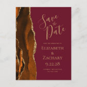 Rust Gold Agate Burgundy QR Code Save the Date Ankündigungspostkarte (Vorderseite)