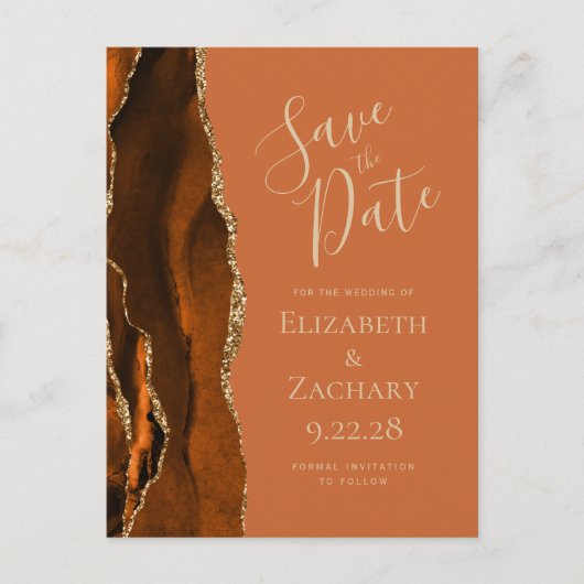 Rust Gold Agate Burnt Orange QR Code Save the Date Ankündigungspostkarte (Vorderseite)