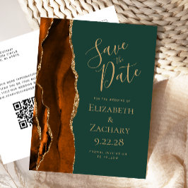 Rust Gold Agate Dark Green QR Code Save the Date Ankündigungspostkarte