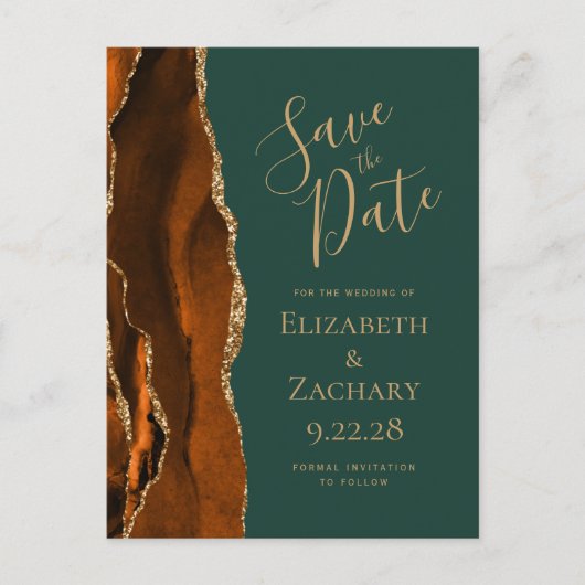 Rust Gold Agate Dark Green QR Code Save the Date Ankündigungspostkarte (Vorderseite)
