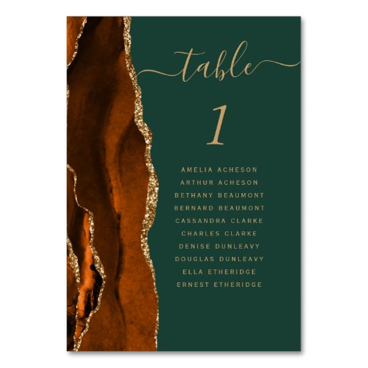 Rust Gold Agate Dark Green Wedding Tischnummer (Rückseite)