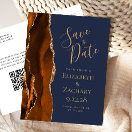 Rust Gold Agate Navy Blue QR Code Save the Date Ankündigungspostkarte
