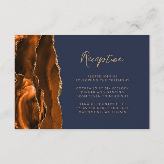 Rust Gold Agate Navy Blue Script Hochzeitsempfang Begleitkarte (Vorderseite)