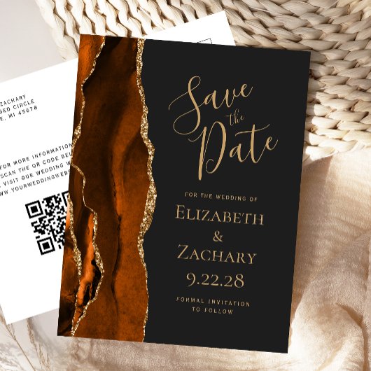 Rust Gold Agate Slate Black QR Code Save the Date Ankündigungspostkarte