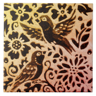 Rust Gold Brown Bird Floral Herbst Leaves Batik Fliese