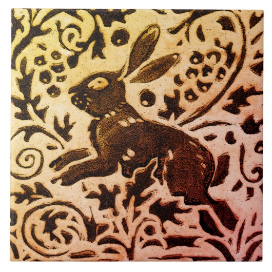 Rust Gold Brown Rabbit Floral Herbst Blätter Batik Fliese (Vorderseite)