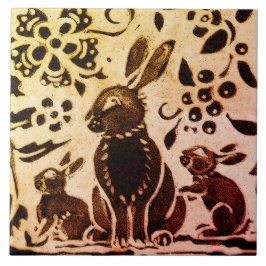 Rust Gold Brown Rabbit Floral Herbst Blätter Batik Fliese