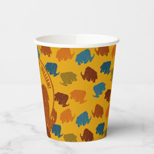 Rust & Gold Cartoon Wooly Mammoth Personalisiert Pappbecher (Links)