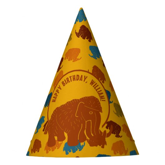 Rust & Gold Cartoon Wooly Mammoth Personalisiert Partyhütchen (Vorderseite)