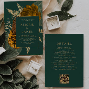 Rust Gold Floral Emerald Green QR Code Hochzeit Einladung