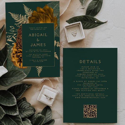 Rust Gold Floral Emerald Green QR Code Hochzeit Einladung