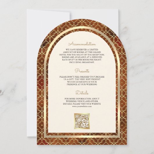 Rust Gold marokkanischen QR Code Sikh Arch Wedding Einladung (Rückseite)