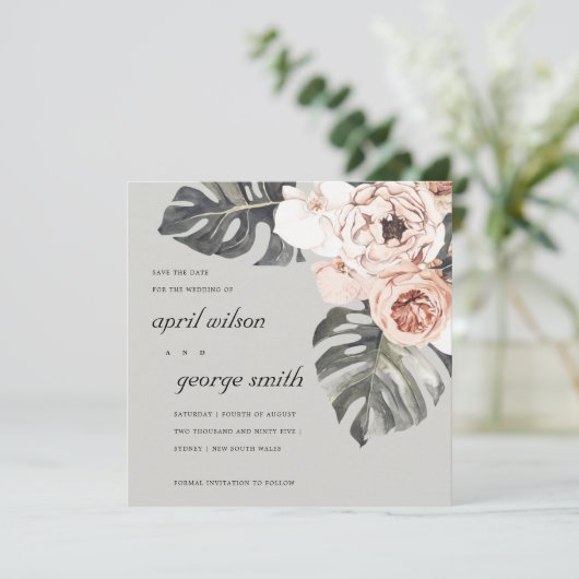 RUST GRAY MOSTRERA FLORAL SAVE THE DATE CARD DANKESKARTE (Stehend Vorderseite)