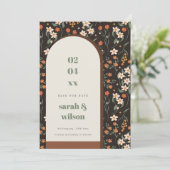 Rust Groovy Retro Arch Floral Save the Date Karte (Stehend Vorderseite)