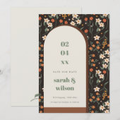 Rust Groovy Retro Arch Floral Save the Date Karte (Vorne/Hinten)