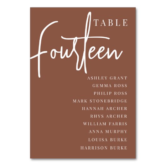 Rust Hand Scripted Table FOURTEEN + Guest Names Tischnummer (Vorderseite)