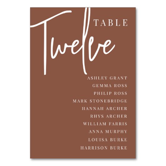 Rust Hand Scripted Table TWELVE + Guest Names Tischnummer (Rückseite)