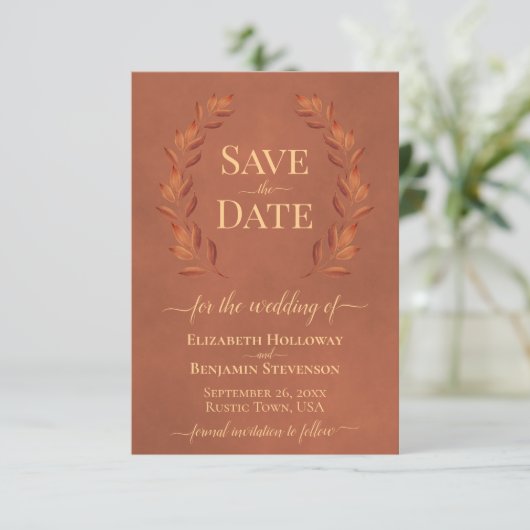 Rust Laurel Verlasse Elegante Terracotta Wedding Save The Date (Stehend Vorderseite)