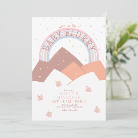 Rust Mountain Snow Flush Baby Dusche Einladung (Stehend Vorderseite)