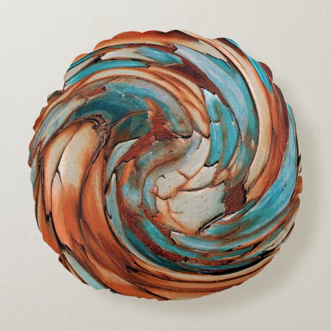 Rust N Blue Abstrakt Art Round Throw Kissen (Vorderseite)