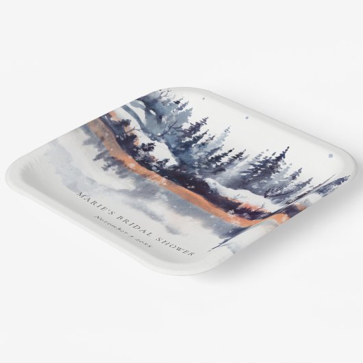 Rust Navy Winter Pine Forest Snow Brautparty Pappteller (Gewinkelt)
