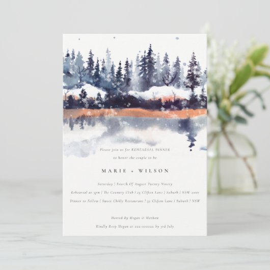 Rust Navy Winter Pine Forest Snow Probe Abendessen Einladung (Stehend Vorderseite)