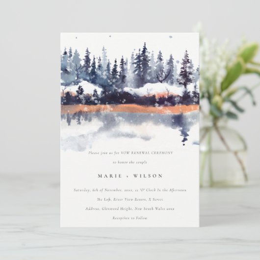 Rust Navy Winter Pine Forest Snow Vow Erneuerung Einladung (Stehend Vorderseite)
