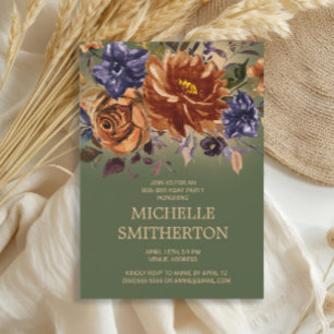 Rust Orange Blue Floral Green 90. Geburtstag Invit Einladung