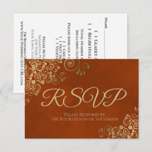 Rust Orange & Elegante Gold Lace Frilly Wedding RSVP Karte