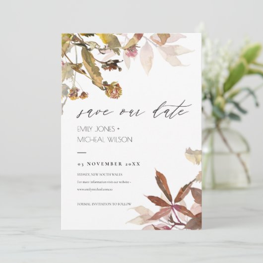 Rust Orange Fall Tree Branch Save the Date einlade Dankeskarte (Stehend Vorderseite)