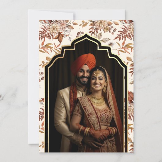 Rust Orange Floral Foto Anand Karaj Sikh Wedding Einladung (Rückseite)
