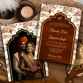 Rust Orange Floral Foto Anand Karaj Sikh Wedding Einladung