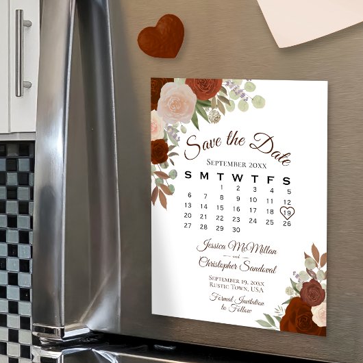 Rust Orange Floral Save the Date Calendar Magnet
