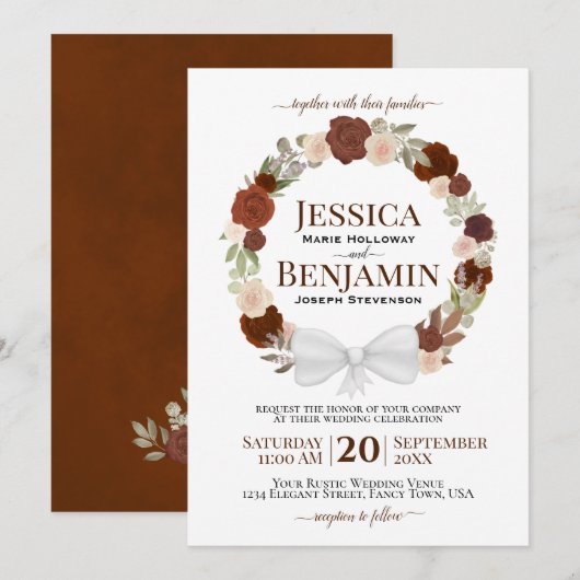 Rust Orange Floral Wreath Elegante Boho Wedding Einladung (Vorne/Hinten)