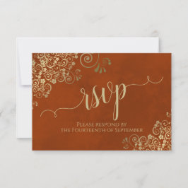 Rust Orange Gold Lace Elegante Calligrafy Wedding RSVP Karte