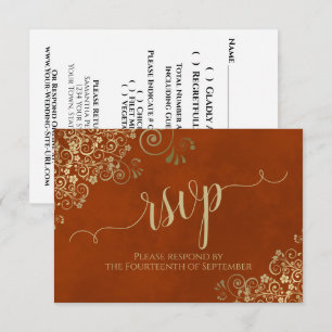 Rust Orange Gold Lace Elegante Calligrafy Wedding RSVP Karte