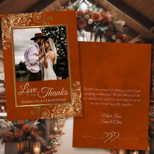 Rust Orange & Gold Liebe Dank Foto Note Wedding Dankeskarte