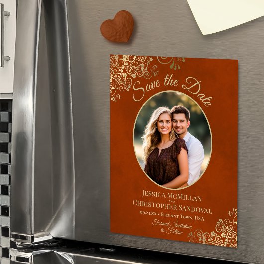 Rust Orange & Gold Wedding Save Date Oval Photo Magneteinladung