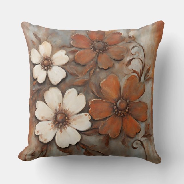 Rust Orange Grau Brown Modern Floral Kissen (Vorderseite)