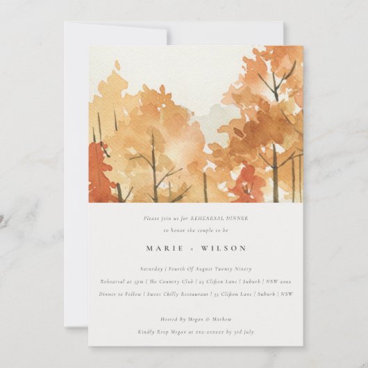 Rust Orange Herbst Bäume Probe Abendessen Einladung (Vorderseite)