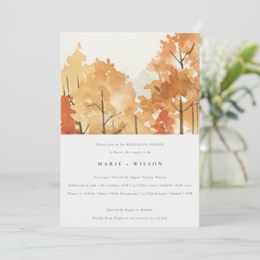 Rust Orange Herbst Bäume Probe Abendessen Einladung (Stehend Vorderseite)