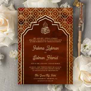 Rust Orange marokkanische Arch Muslim Wedding Gold Folieneinladung