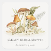 Rust Orange Mushroom Fern Foliage Brautparty Quadratischer Aufkleber (Vorderseite)