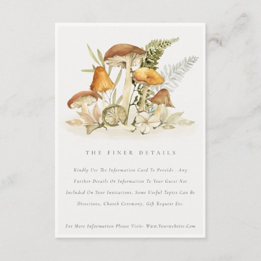 Rust Orange Mushroom Fern Foliage Hochzeitdetails Begleitkarte (Vorderseite)