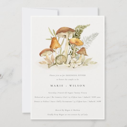 Rust Orange Mushroom Fern Foliage Probe Dinner Einladung (Vorderseite)