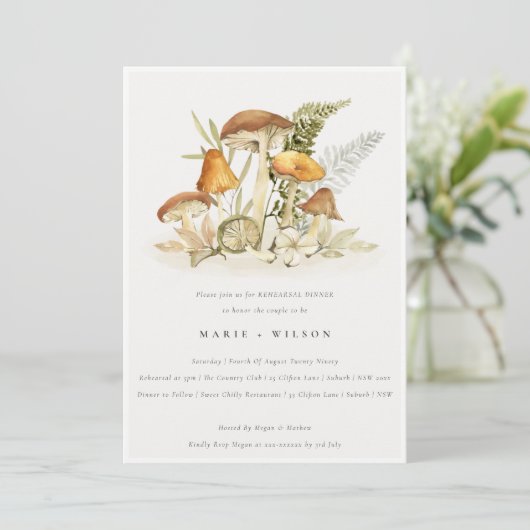 Rust Orange Mushroom Fern Foliage Probe Dinner Einladung (Stehend Vorderseite)